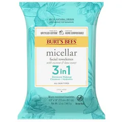 Burt's Bees - 3 in 1 Micellar Facial Cleanser and Makeup Remover Towelettes Coconut and Lotus Water